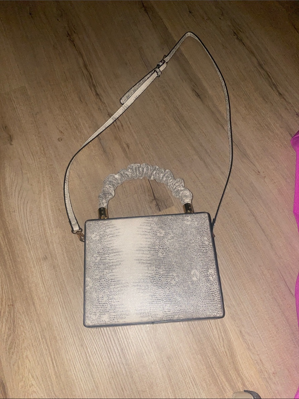 Structured White Textured Crossbody Bag with Scrunch Handle